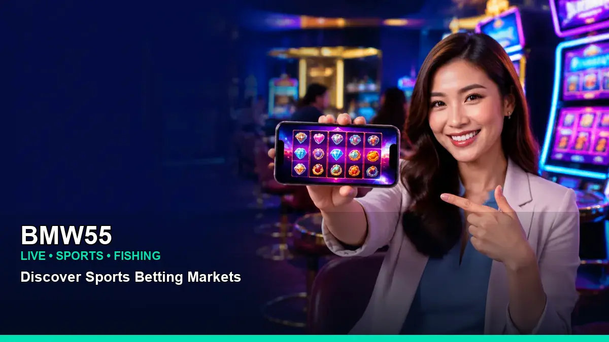 BMW55 play mobile casino games featuring an adult Filipina casino host with a dynamic composition