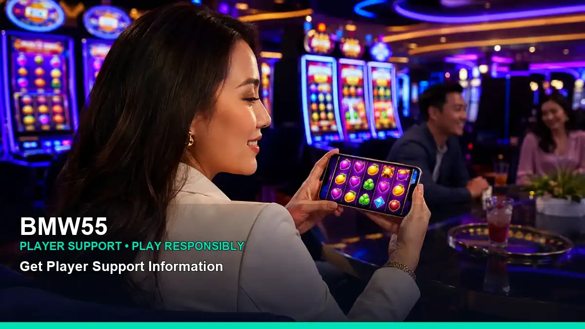BMW55 play mobile casino games featuring an adult Filipina casino host with a celebratory composition