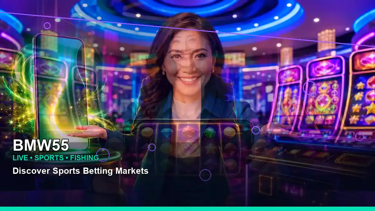BMW55 fantasy online slot games featuring an adult Filipina casino host with a centered composition