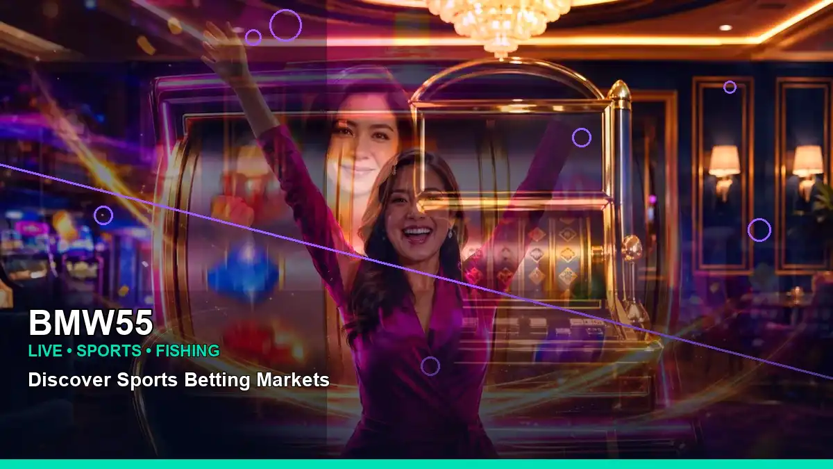 BMW55 fantasy online slot games featuring an adult Filipina casino host with a right close-up composition