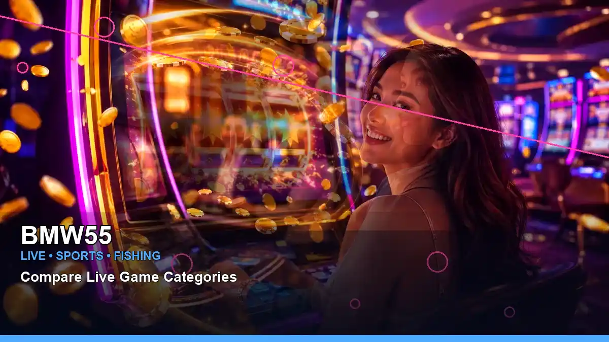 BMW55 layered collage neon jackpot slot games highlighting mobile-friendly casino play