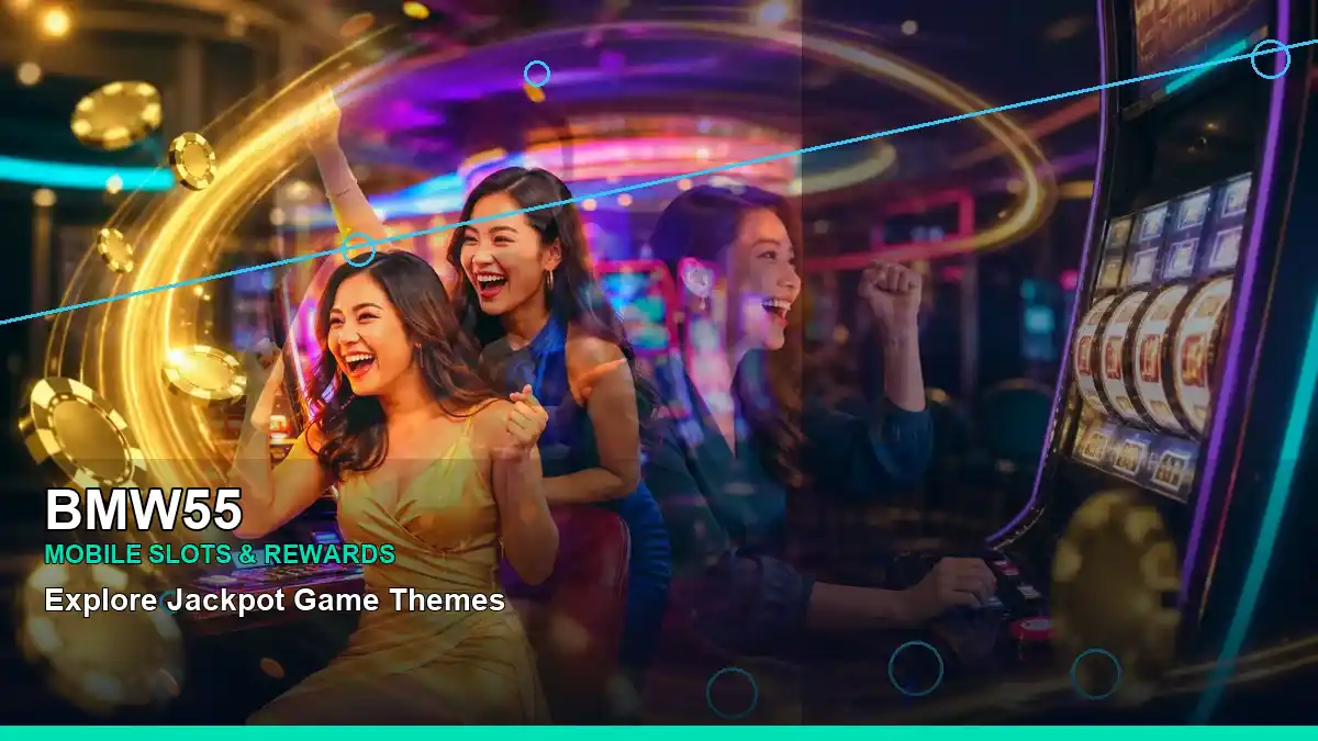 BMW55 duo online slot games featuring an adult Filipina casino host with a right-diagonal composition